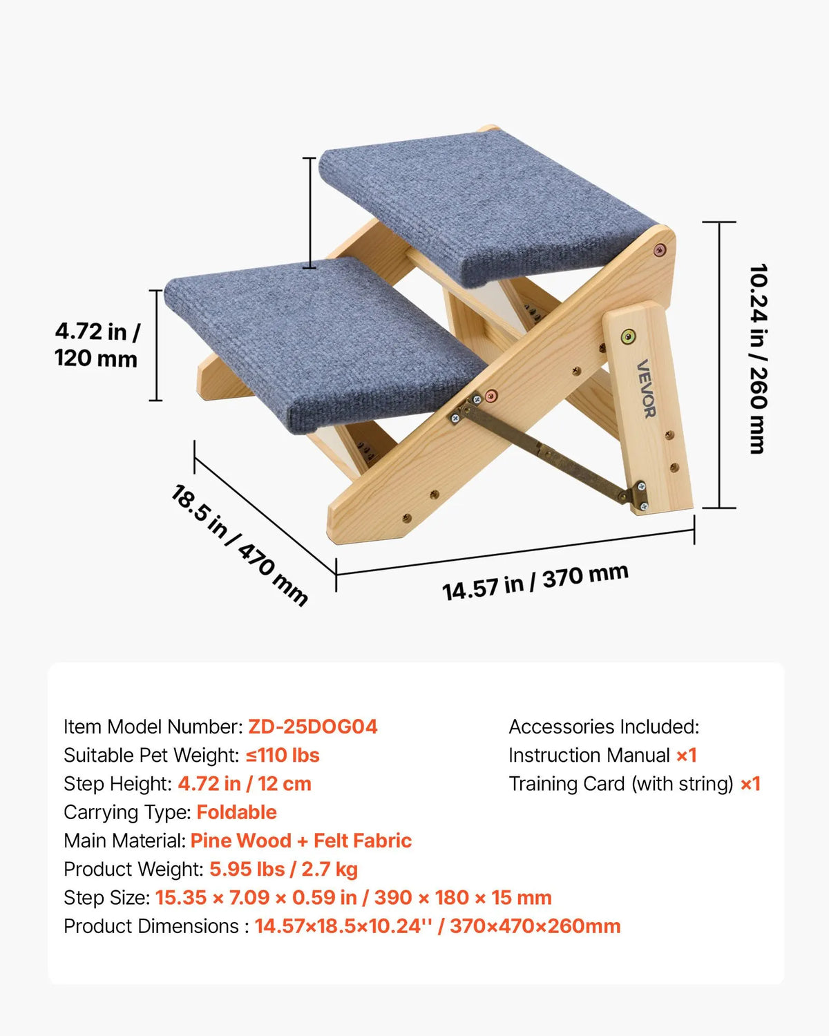 I YAN wood pet stairs with two steps, foldable design, sturdy for small to large cats and dogs, supports up to 110lbs.