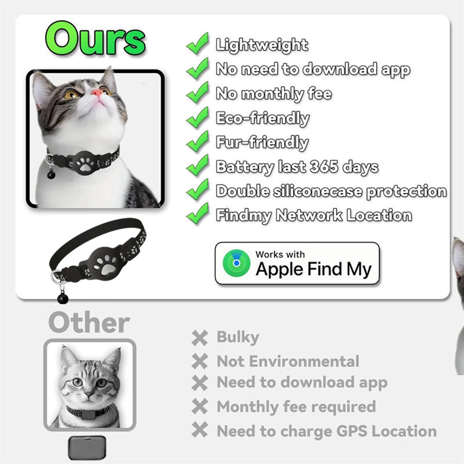 Electronic Pet Locator for iOS & Android Waterproof Pet Tracker with Bell Kitten Collar for Pets Cat Anti-Lost Device