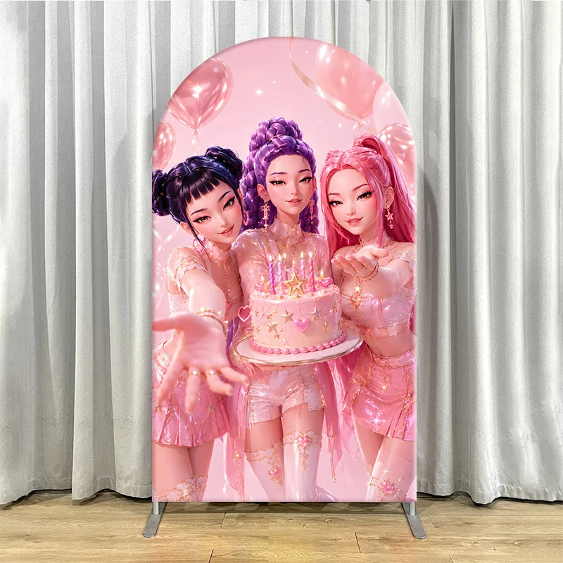 Pink Kpop Demon Hunters Arch Backdrop Cover Spandex Chiara Arch Set for Girl Birthday Party Photo Booth Studio Decor Supplies