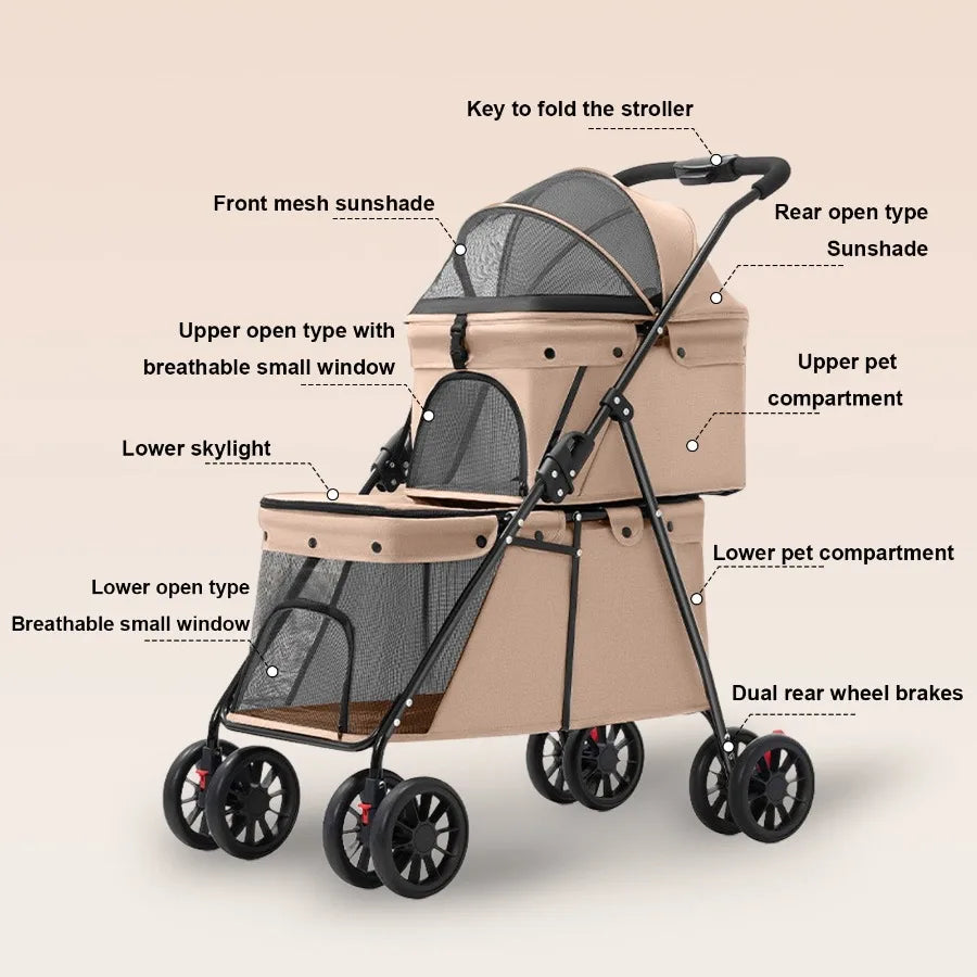 Double Layer Pet Stroller, Foldable Portable Medium Small Cat and Dog Carrier, Breathable Mesh Window, Stable Lightweight 4-Whe
