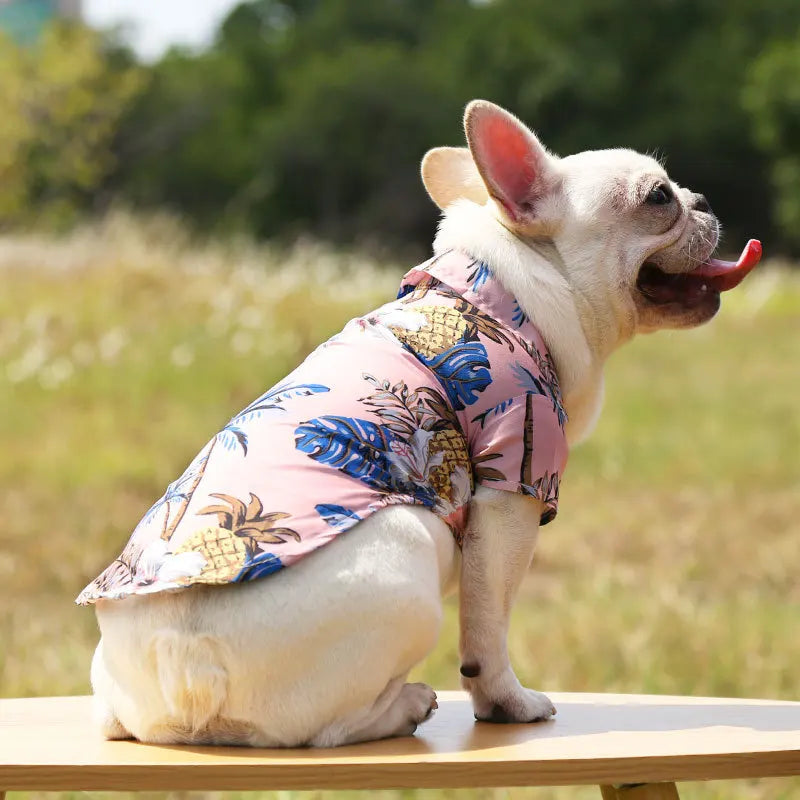 Hawaiian style summer dog shirt for small and medium dogs, featuring colorful beach-themed print, suitable for puppies, pugs, and French Bulldogs.