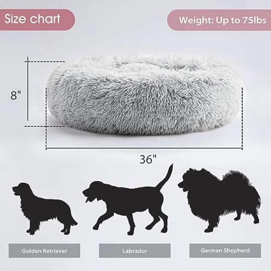 Calming anti-anxiety donut dog cuddler bed for small medium dogs and cats faux fur plush beige ultra-soft warming cozy round cu