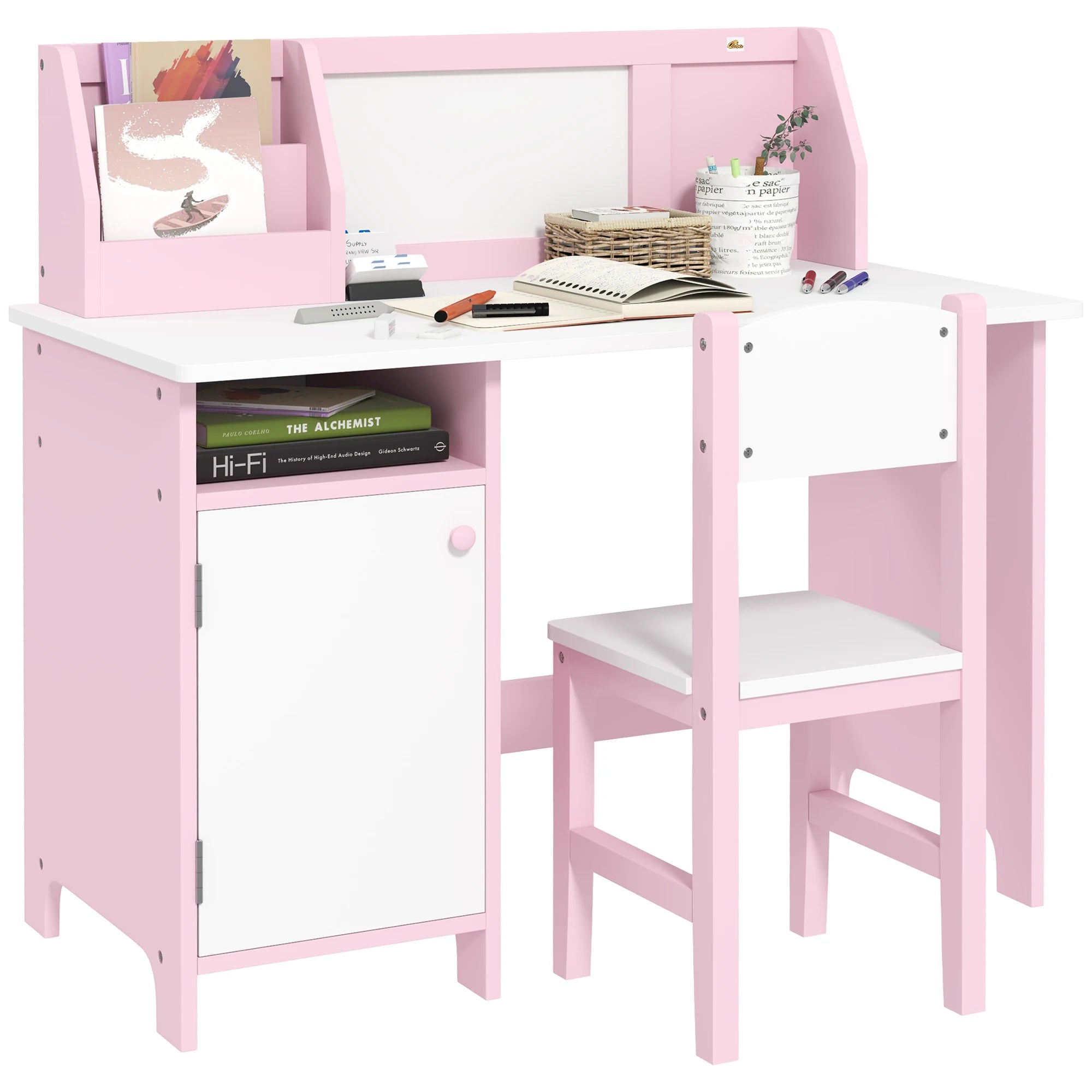 Pink toddler table and chair set by I YAN with whiteboard, storage cabinet, and kid-friendly writing desk for children.