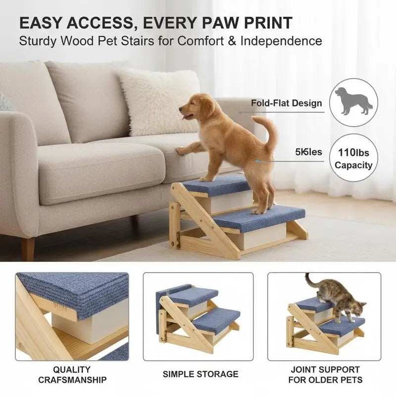 Wood pet stairs 2-step ladder for beds, sofas, and cars, sturdy and foldable, suitable for cats, dogs, and older pets.