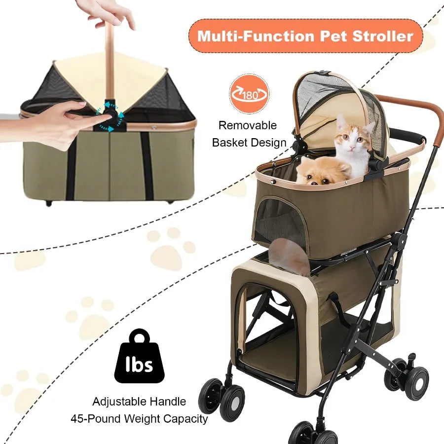 3-in-1Double Pet Stroller, Foldable Portable Pet Travel Strolling Cart for Medium Small Dogs Cats, up to 50lbs Dark Green