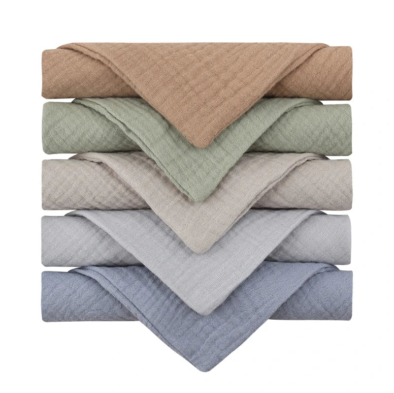 Set of 5 I YAN square cotton baby face towels and burp cloths with soft, absorbent gauze material for kids' feeding and cleaning.