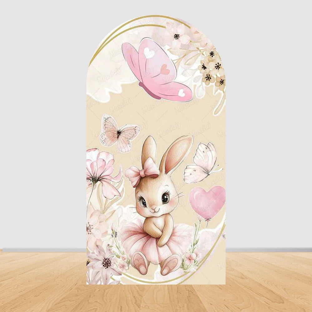 Little Rabbit Pink Flower Bow Baby Girl Birthday Party Arch Backdrop Cover Bunny Baby Shower Arched Photo Background Decor Props