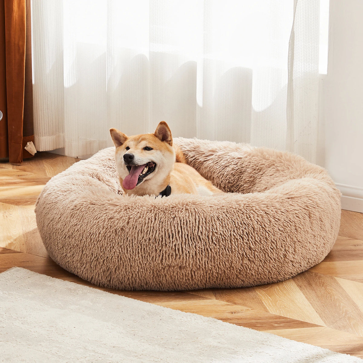 I YAN JHK calming dog bed for medium to large dogs, round fluffy plush faux fur with anti-slip bottom, washable pet bed