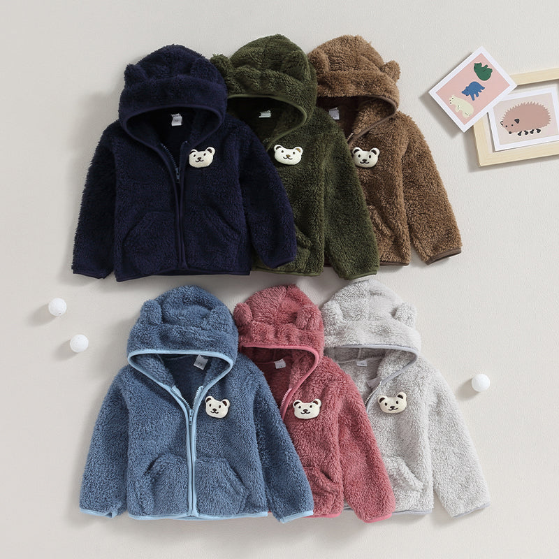 0-24months Unisex Baby Fuzzy Coat 3d Bear Hooded Jacket For Infant Girl And Boy Zipper  Spring Autumn Closure Fleece Outerwear