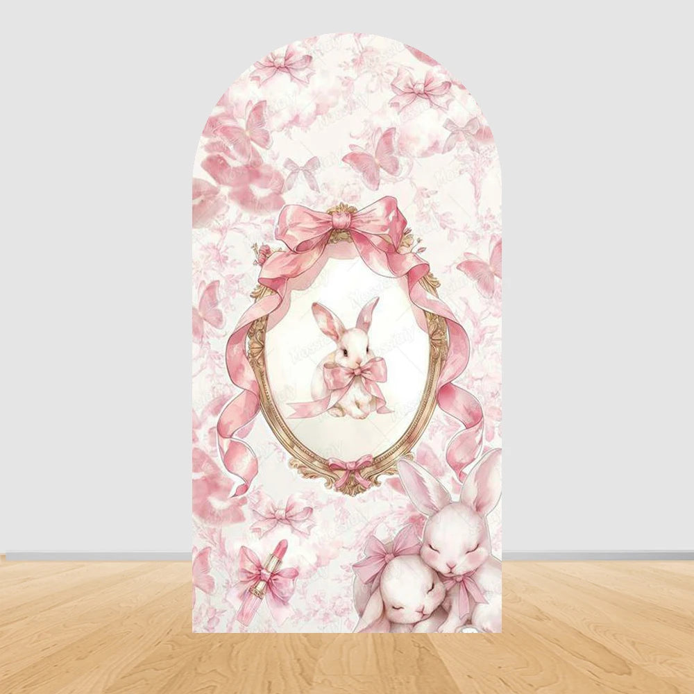 Little Rabbit Pink Flower Bow Baby Girl Birthday Party Arch Backdrop Cover Bunny Baby Shower Arched Photo Background Decor Props