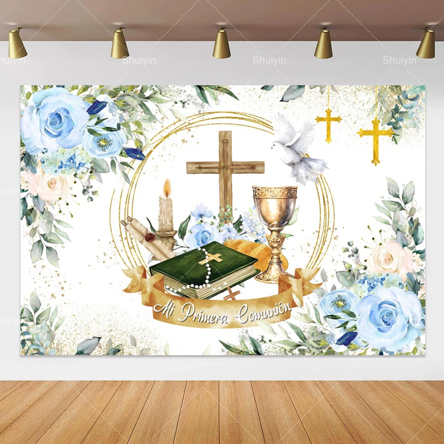 Boy Girl First Communion Backdrop Gold Cross Grail God Bless Baptism Party Decor Background Christening Baby Shower Photo Props