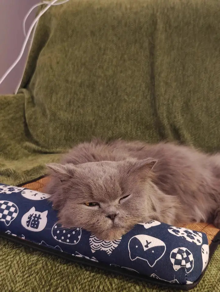 I YAN cat cooling mat with rattan weave design, self-cooling pet bed pad for summer indoor use, ideal for cats and small dogs.