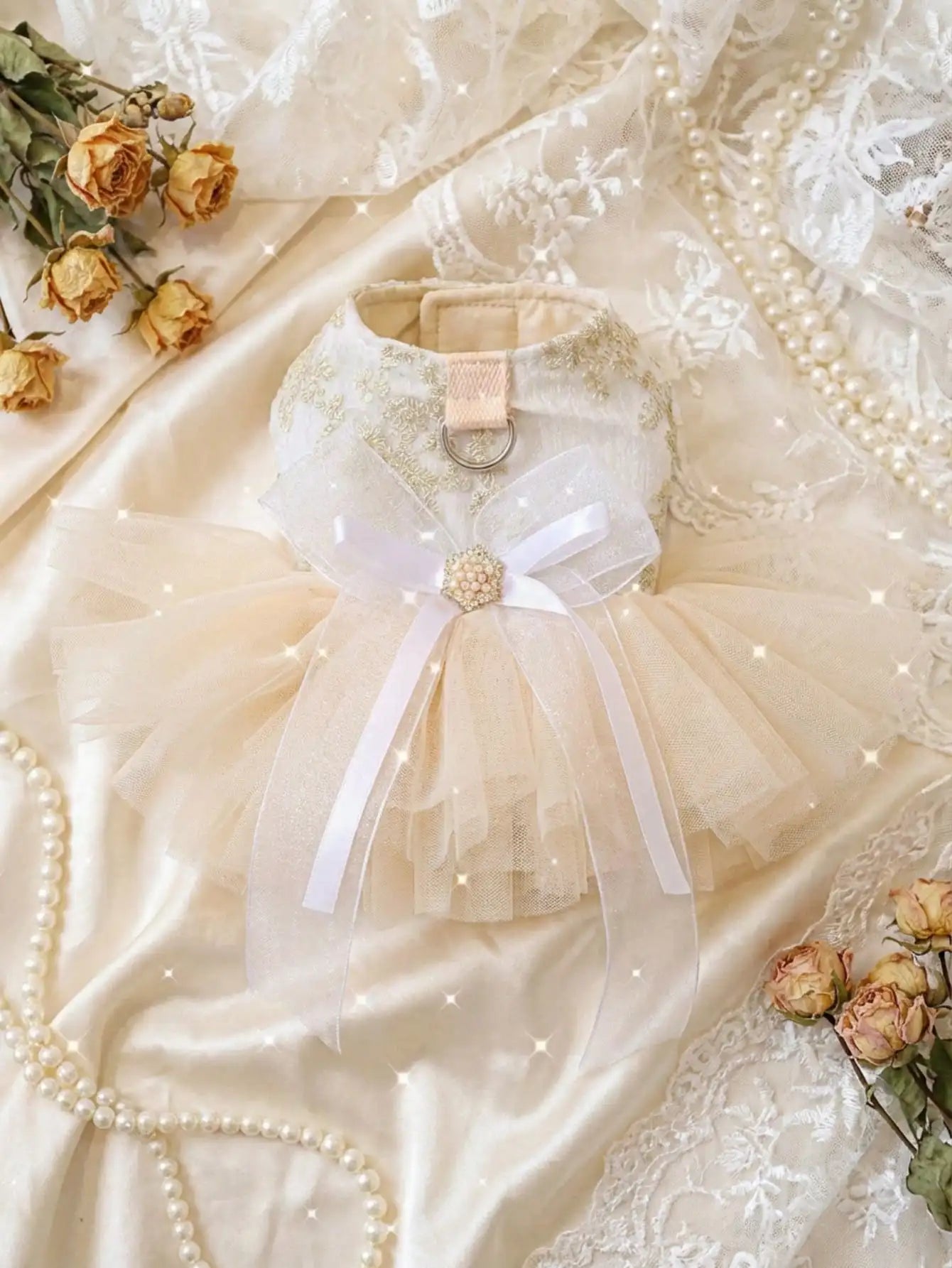 1Pc Luxury Pet Princess Wedding Dress Thin Spring Summer Outfit Gold Floral Embroidery Pearl Bow Decor Built-in D-ring For Traction Universal For Cats Dogs Elegant Party Costume Photo Prop Holiday Pet Gift