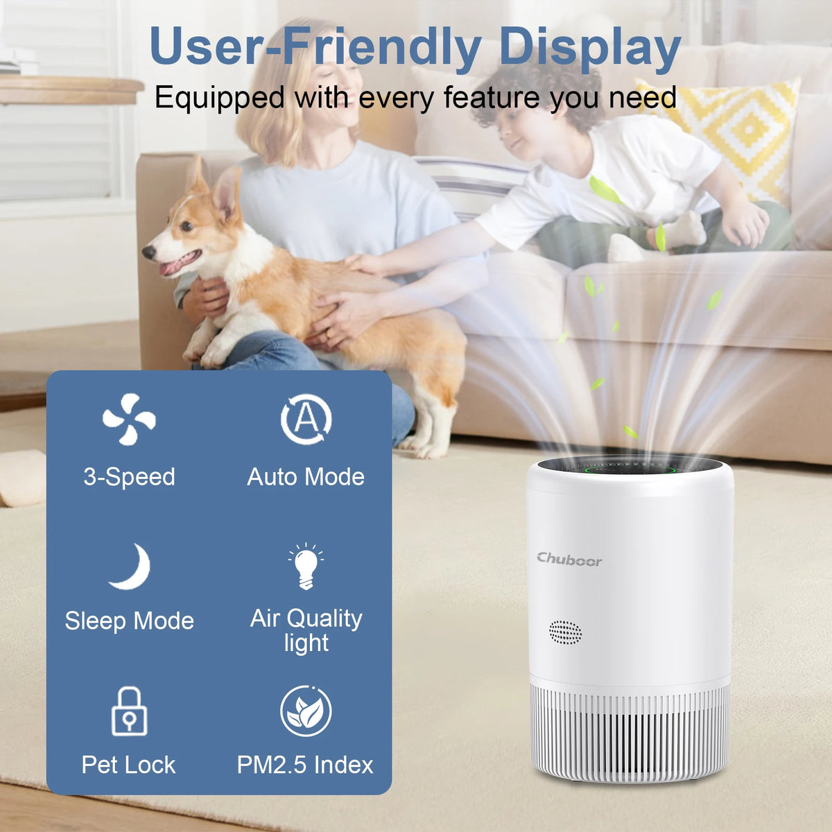 I YAN Chuboor smart air purifier for bedroom with HEPA filter, app and Alexa control, PM2.5 monitor, suitable for pets and living rooms.