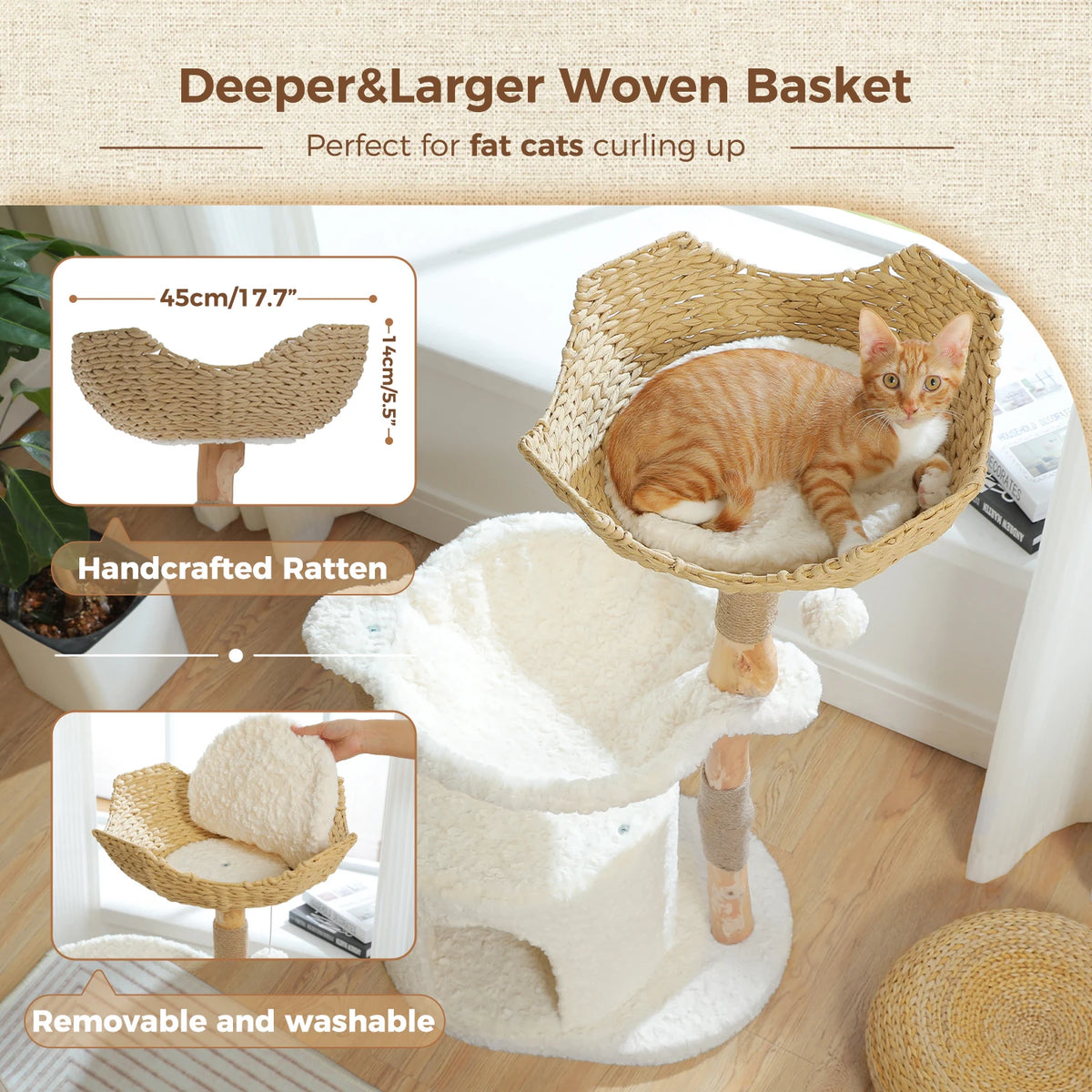 Modern I YAN cat tree with natural wood finish, large wicker basket, spacious condo, deep hammock, and cozy luxury cat house bed.