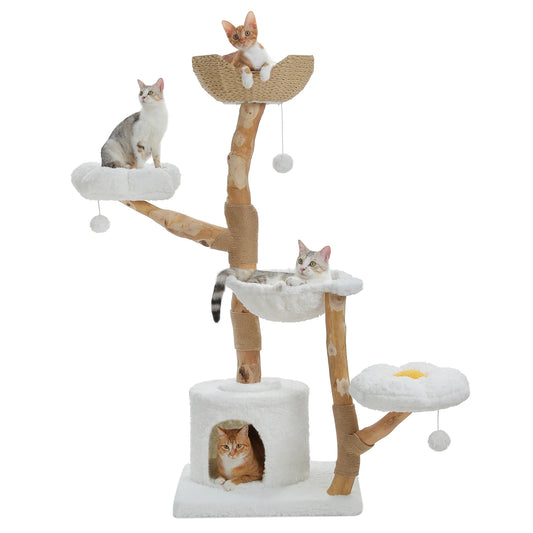 Large I YAN cat tree tower with sisal scratching post, wicker basket bed, and flower-themed condo for indoor cats.