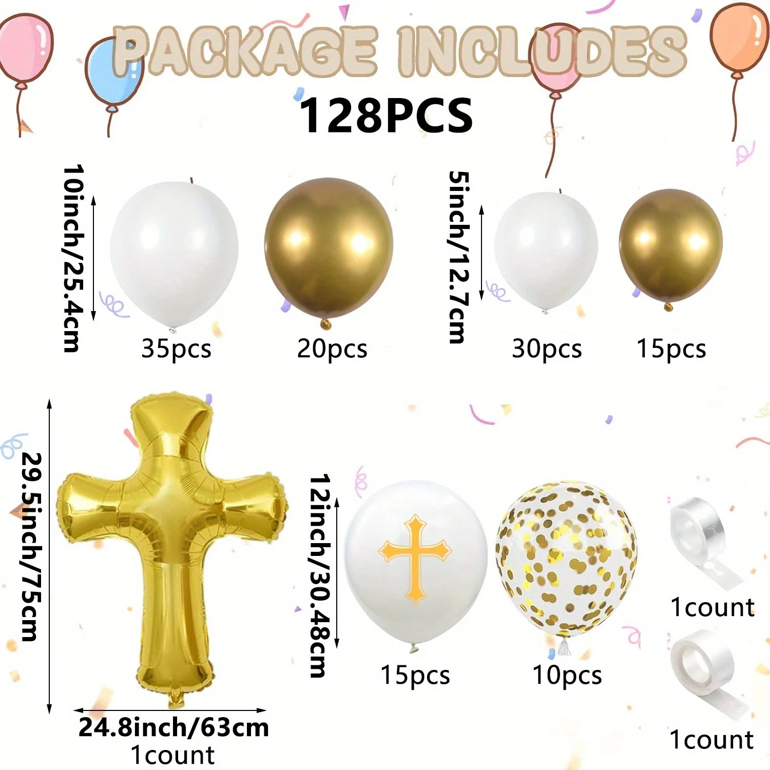 128PCS First Communion and Baptism Party Decoration Kit Cross Foil Balloons Are Used To Celebrate The First Communion with God