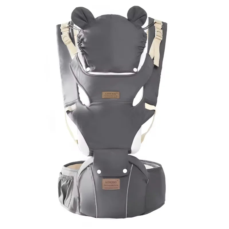 Baby wearing ergonomic I YAN 3-in-1 hipseat carrier backpack with windproof hat, suitable for infants 0-36 months, shown in the image.