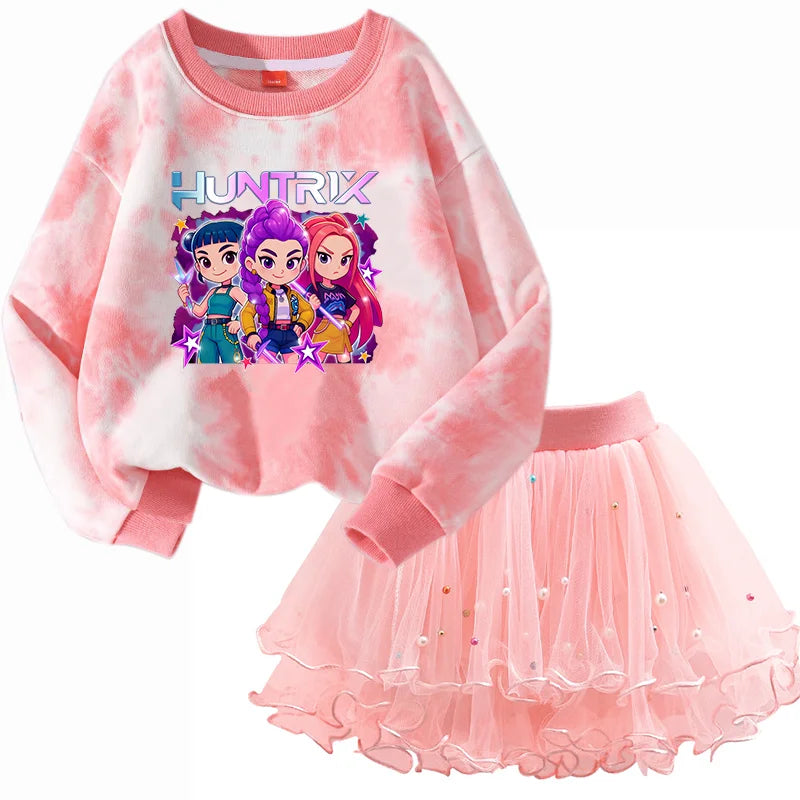 K-Pop Hunters Zoey Mira Rumi Children Sweaters Girls Tie-dye Sweatshirt Pink Pullovers Kids Tops Tulle Princess Dresses Suit