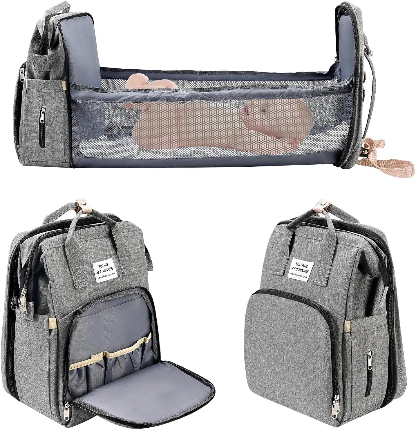 Baby Changing Nappy Bag with Changing Mat Large Capacity for Mum Waterproof Portable Backpack Foldable Bed Stroller StrapsTravel