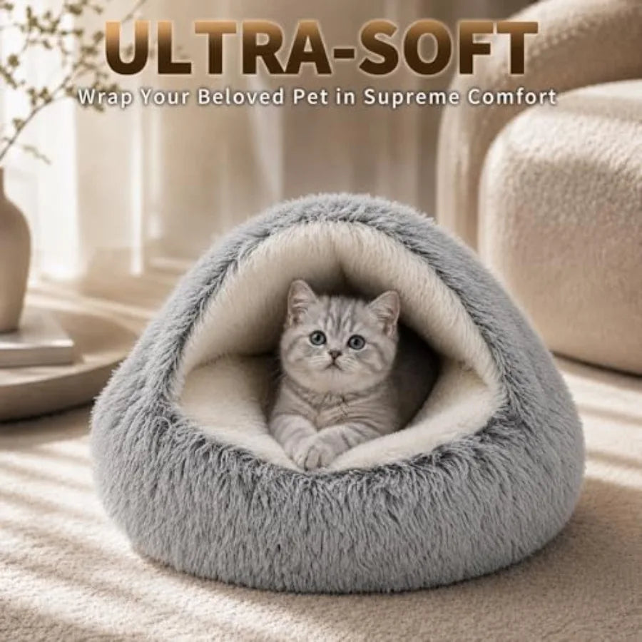Round plush I YAN cat bed with hood, cozy doughnut shape, soft interior, designed for indoor cats and small dogs.