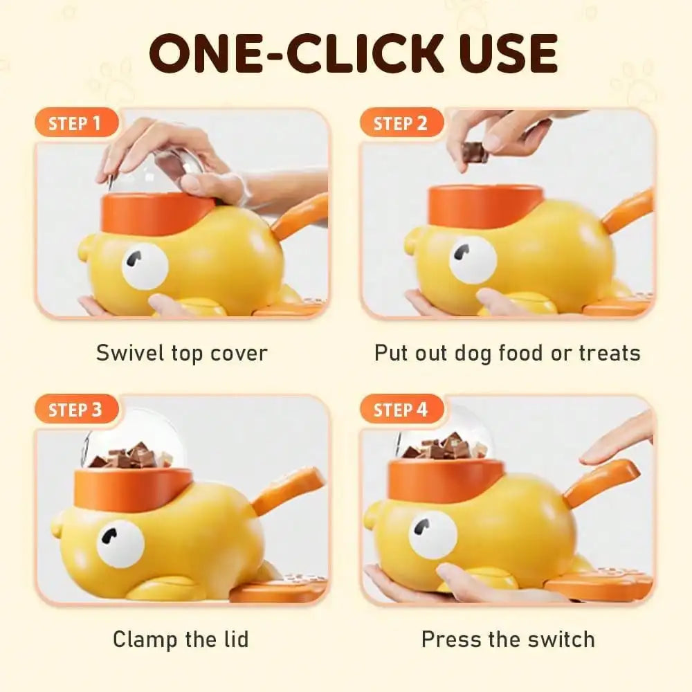 Yellow I YAN 2-in-1 dog slow feeder bowl and food puzzle toy, duck-shaped treat dispenser for healthy eating and training.