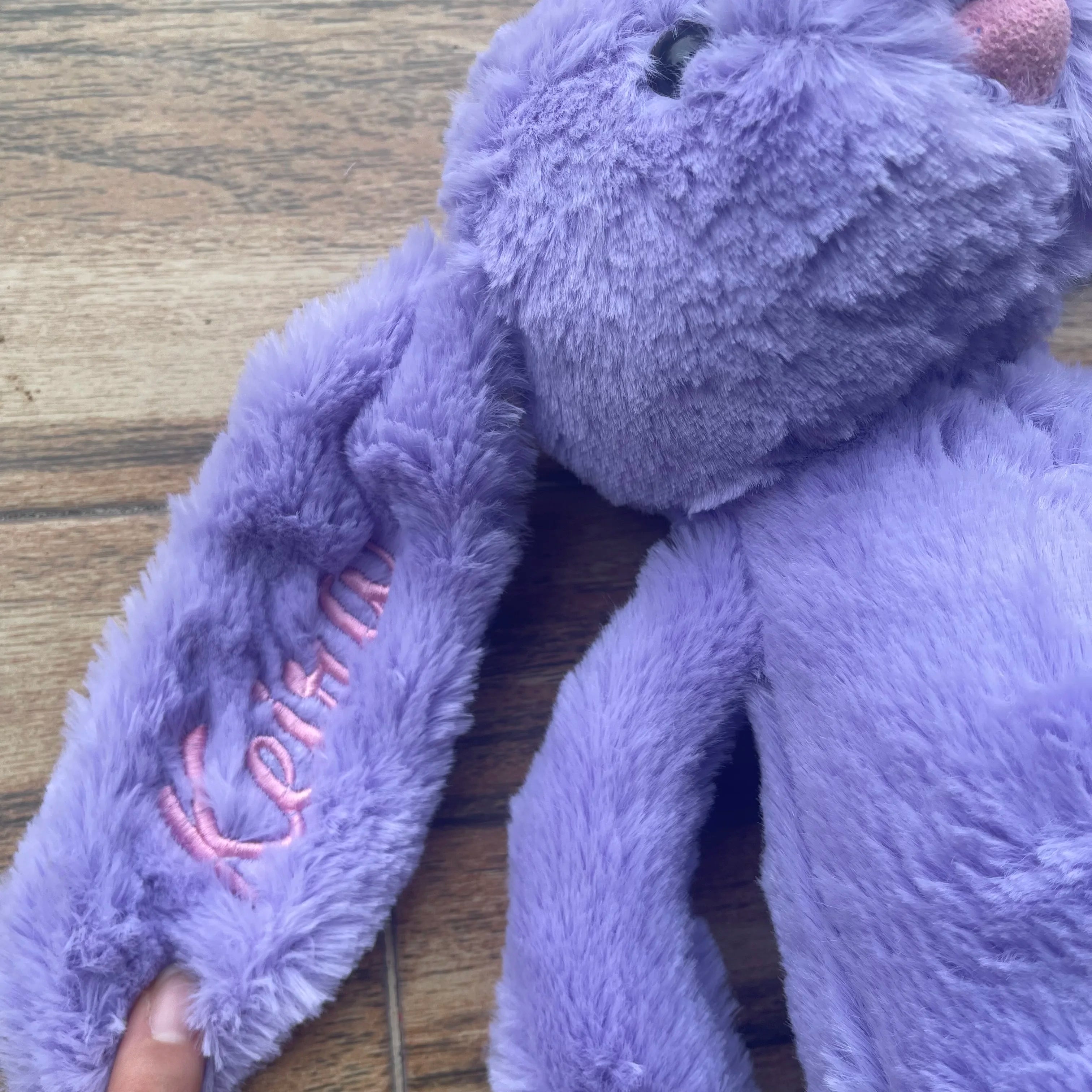 Personalized I YAN Shy Bunny plush toy with custom embroidery, 40cm rabbit doll with soft fur and cute facial features.