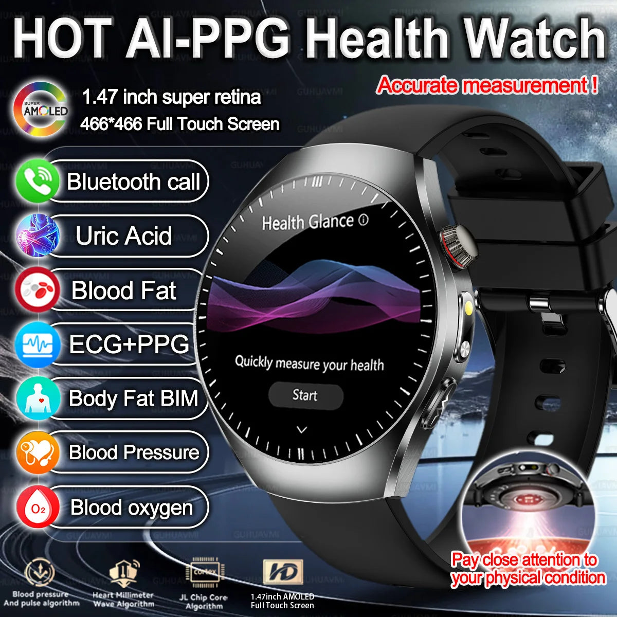 New Brand 2026 upgrade Health Check Smart Watch ECG Blood Lipid Uric Acid Body Fat Sport Waterproof HD Call SmartWatch Man Women