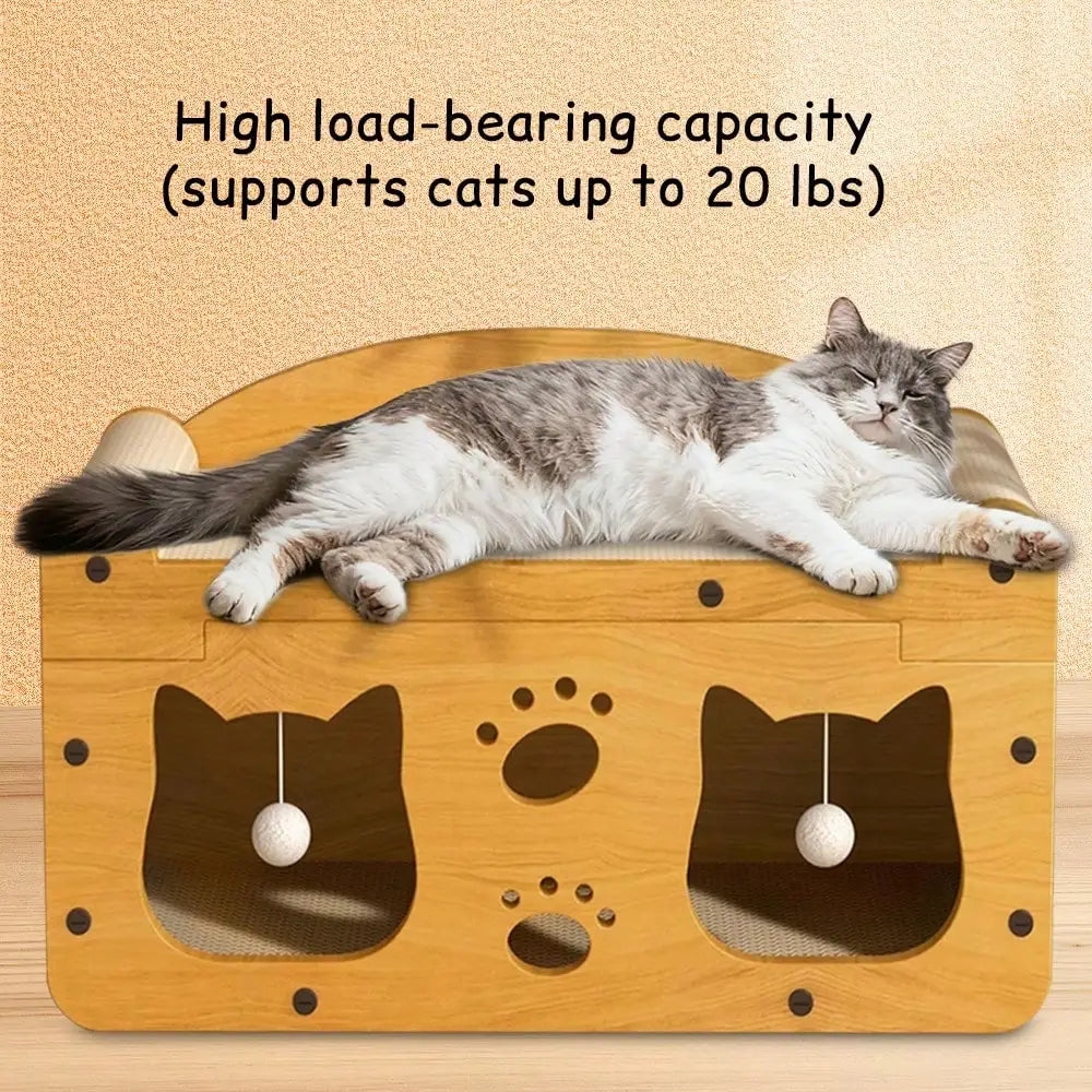 Double-layer cardboard cat scratcher lounge with pom pom toys, I YAN 2-in-1 cat hideaway and play area