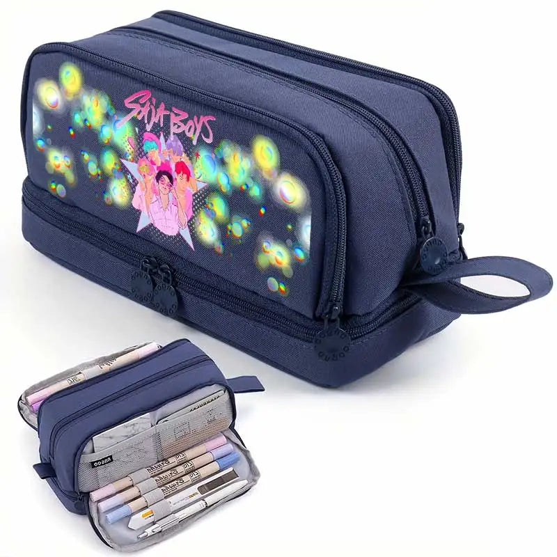 I YAN Kpop Demon Hunters pencil case, double-layer anime stationery bag with Demon Hunters design, ideal for kids' school supplies.