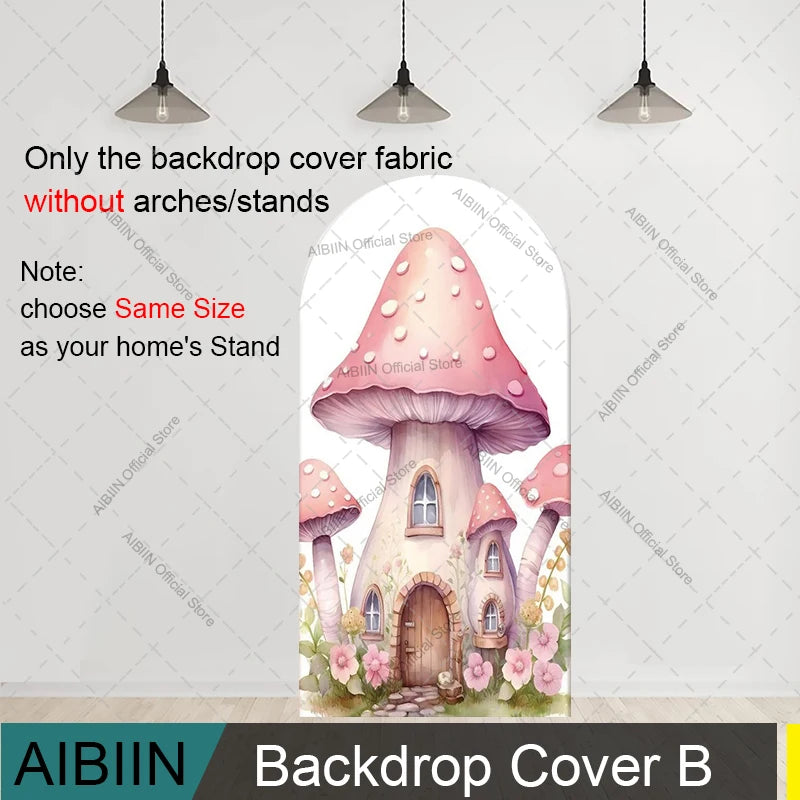 Fairy First Birthday Arch Backdrop Cover Mushroom House Door Butterfly Fairy Pink Floral Kids Cake Party Decor Background
