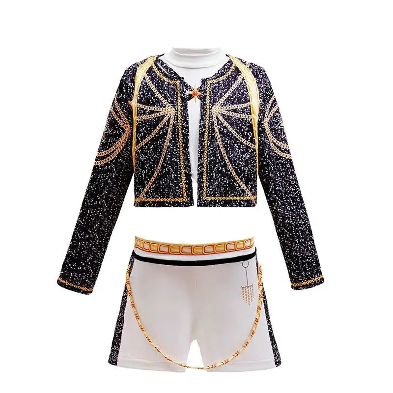 Kids K-Pop girls cosplay costume set featuring Rummi and Zoe outfits for ages 2 to 12, with colorful character costumes for children.