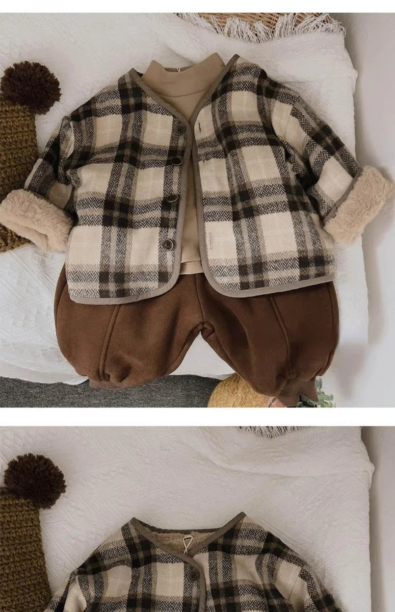 Woolen Plaid Children's Plush Coat Korean Version Autumn and Winter New Boys' and Girls' Coats Loose Baby Cotton Padded Clothes