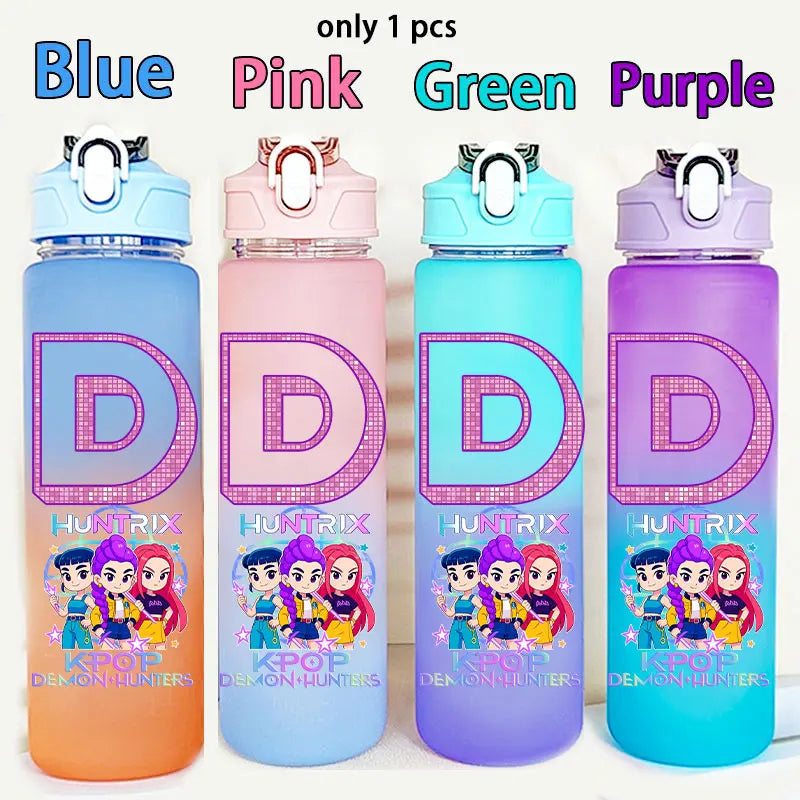 Kids Kpop Demon Hunters 750ML water bottle by I YAN, featuring warriors letter and number design, ideal for school use.