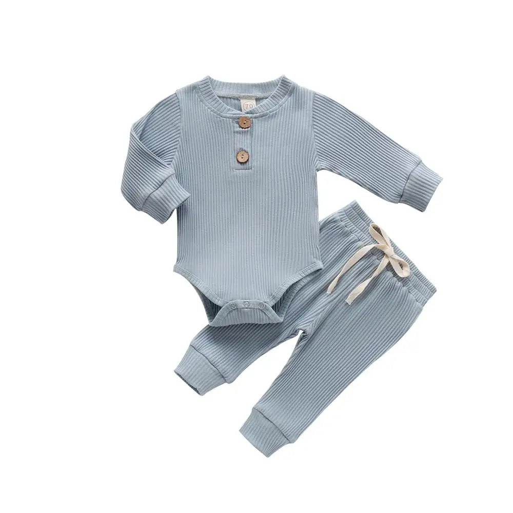 Infant baby girl or boy spring autumn ribbed plaid and solid long sleeve bodysuits with elastic pants, I YAN 2-piece outfit set