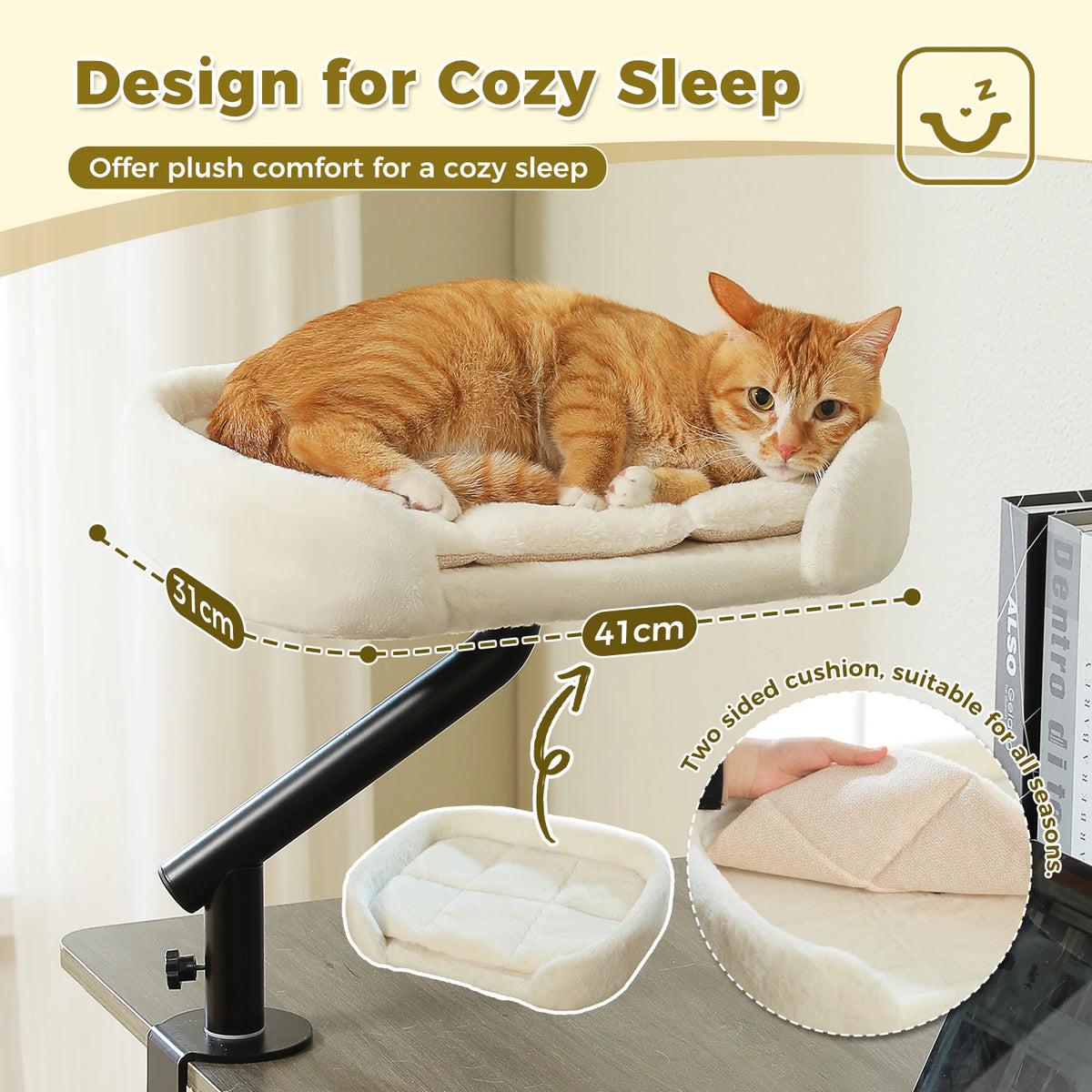I YAN 360° rotatable cat desk bed with soft hammock and adjustable stand, ideal for indoor cats to relax on a table or desk