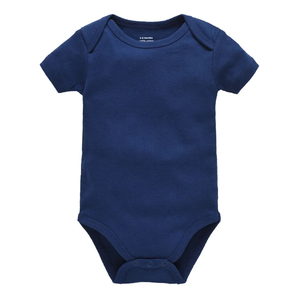 White cotton baby bodysuits for boys and girls, I YAN Kavkas 3- or 5-piece set, short sleeve jumpsuits for ages 0-24 months.