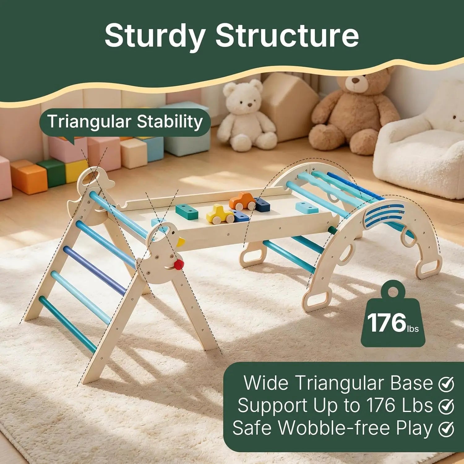 7-in-1 foldable Pikler triangle set by I YAN, wooden toddler climbing toy with arch, slide, ladder for indoor play and development