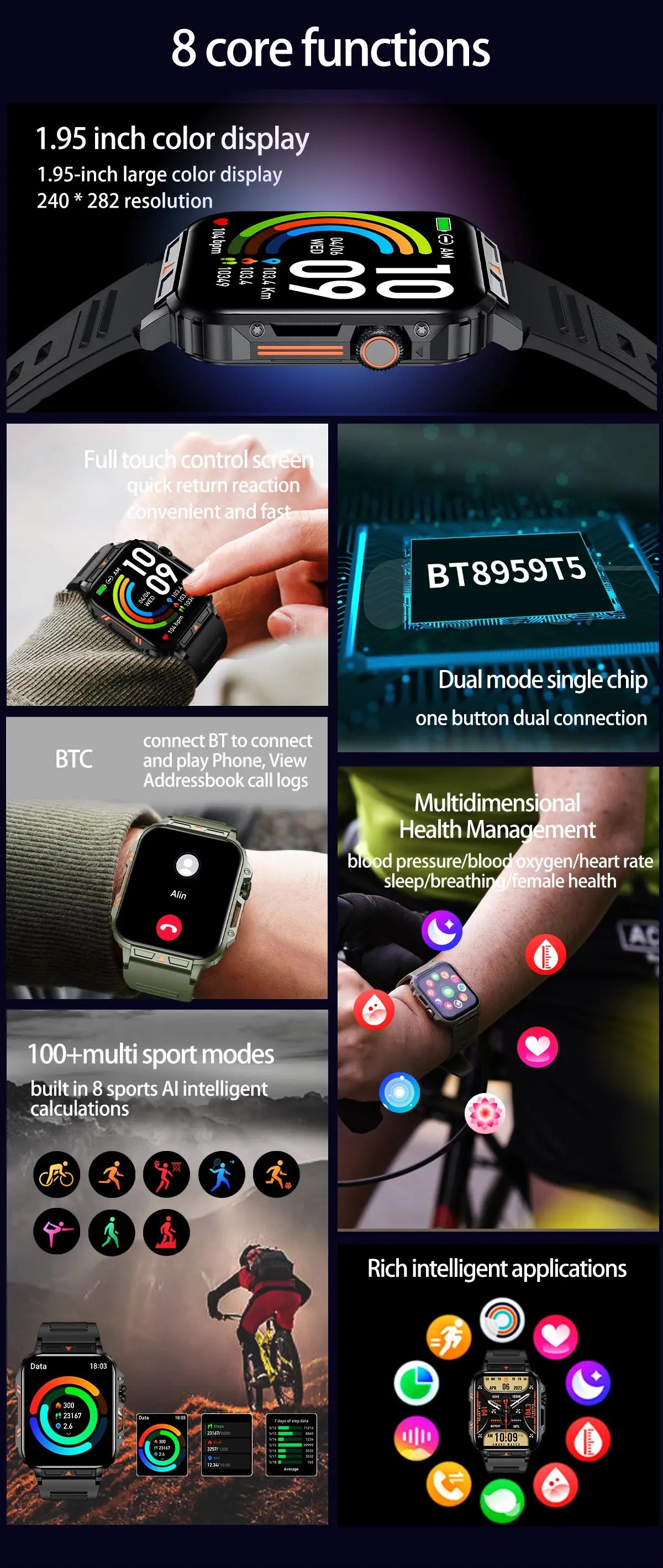 Military Men Smart Watch Health Monitor Wireless Call Smartwatch Fitness IP68 Waterproof Sports Watches for Women Android 2025