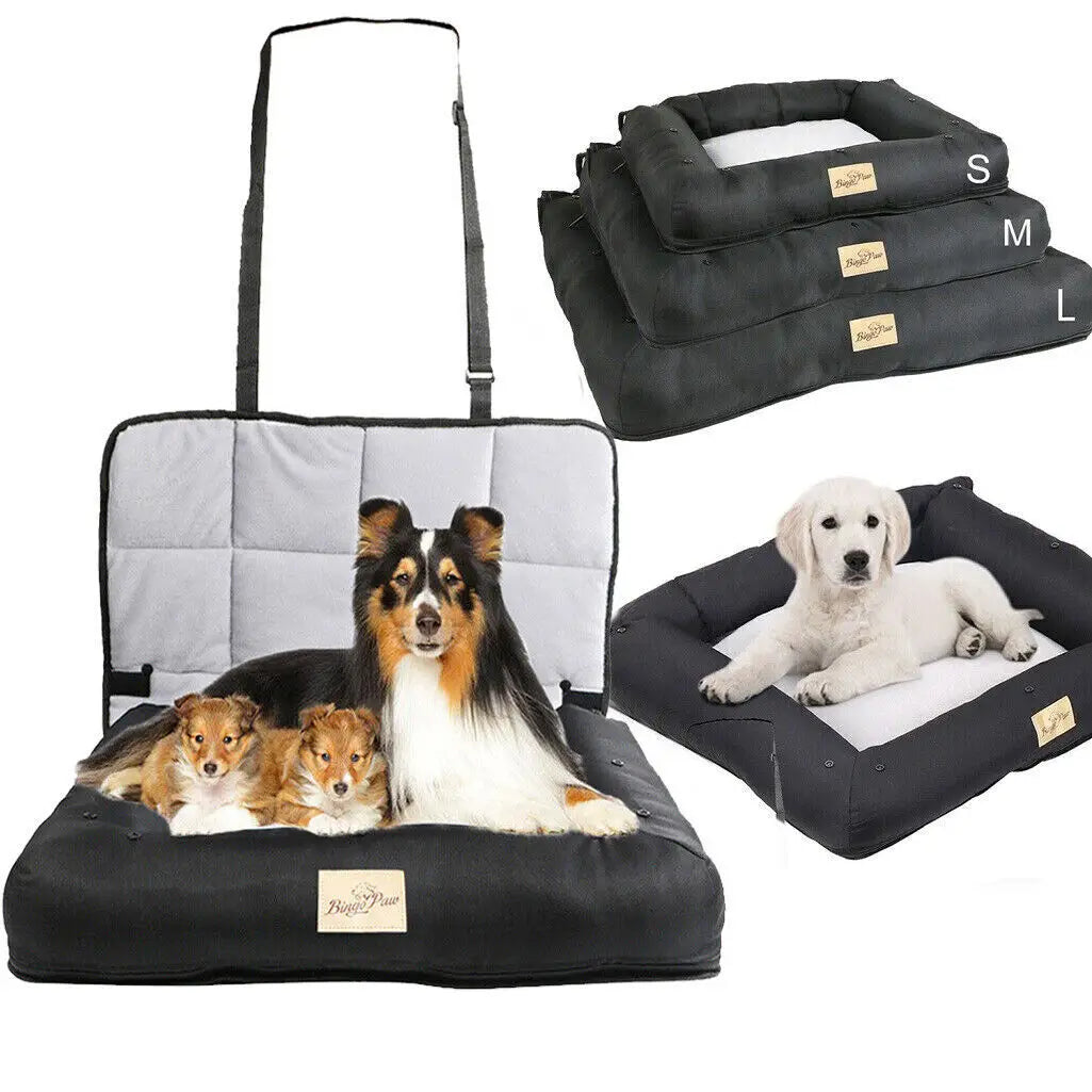 Waterproof dog car seat bed by I YAN with removable pad cover, safety belt, and cushioned support in three sizes for pets.