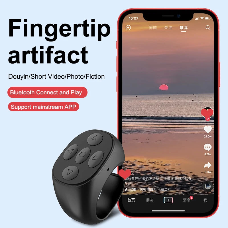 Wireless Bluetooth selfie remote control ring for mobile phones by I YAN, compatible with Xiaomi and Apple devices.