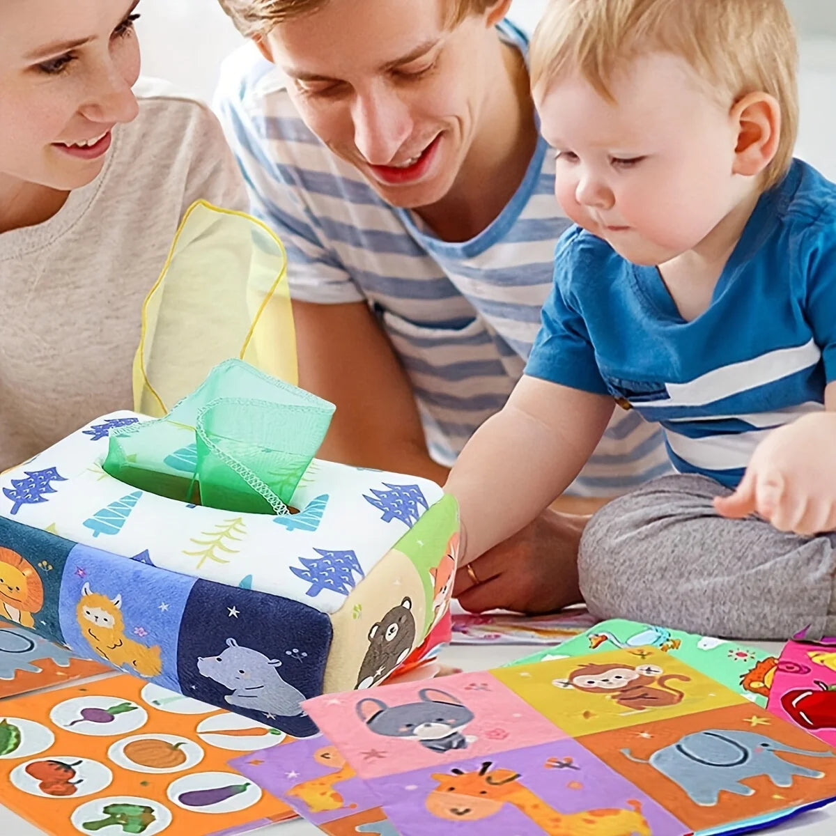 Baby Montessori Magic Tissue Box by I YAN, sensory learning toy with colorful tissues for developing fine motor skills in infants.