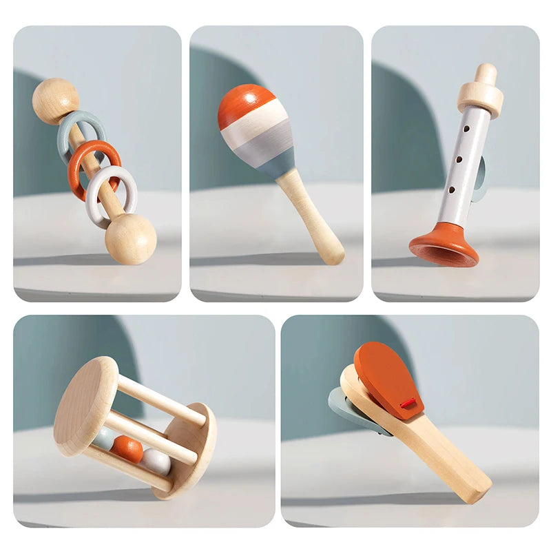 I YAN 5-piece baby musical instrument set with sensory rattles and percussion toys designed for early learning and sensory development.