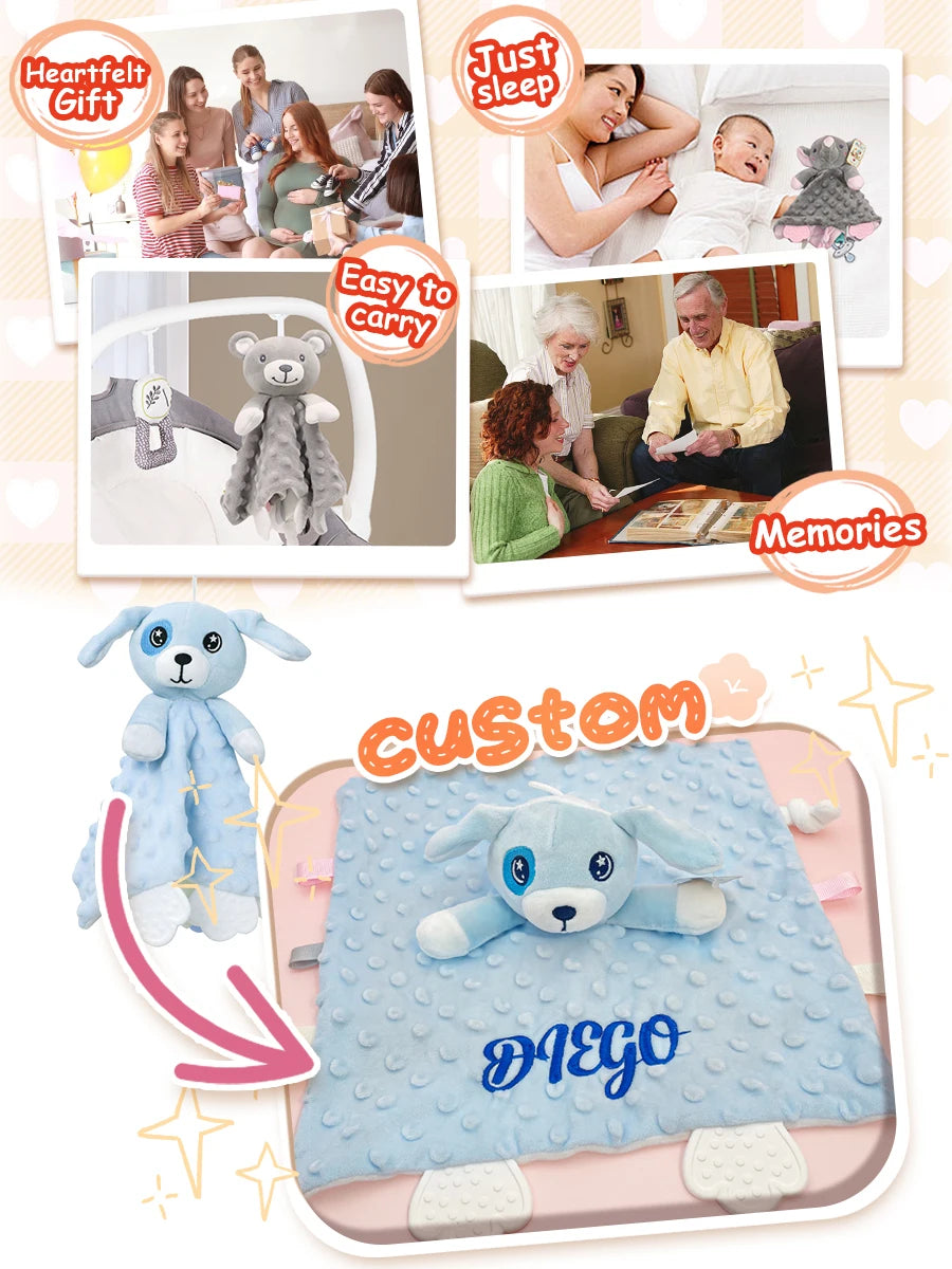 Soft personalized baby blanket by I YAN with minky dot fabric, featuring a custom name, perfect as a baby shower gift for boys and girls.