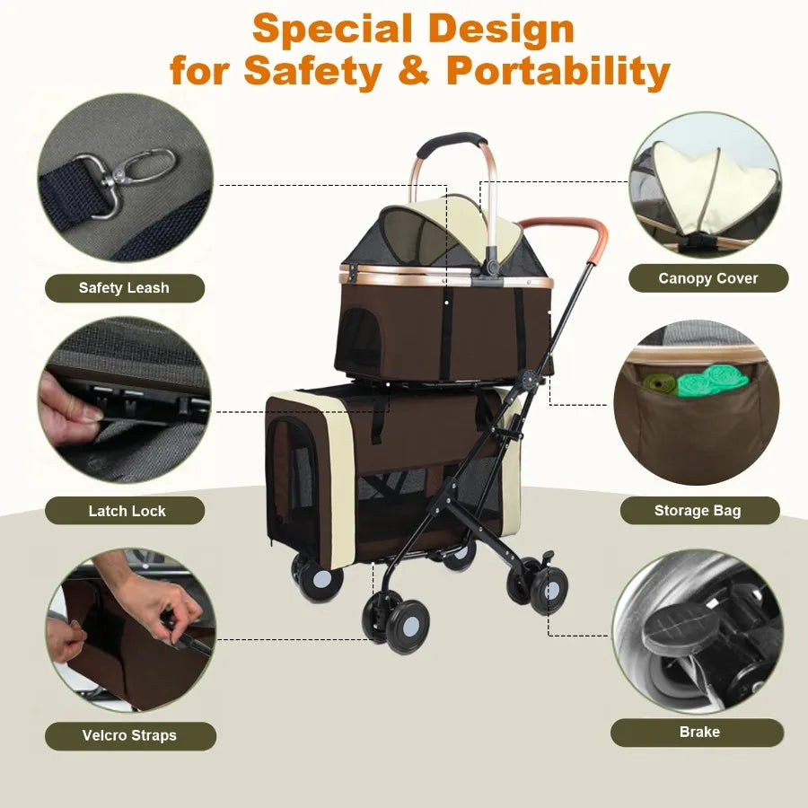 I YAN dual 4-in-1 pet stroller with four wheels, foldable design for medium dogs and cats up to 50lbs, brown color.