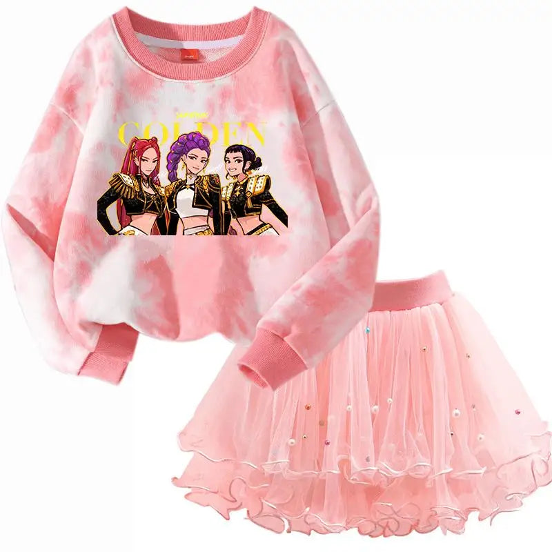 K-Pop Hunters Zoey Mira Rumi Children Sweaters Girls Tie-dye Sweatshirt Pink Pullovers Kids Tops Tulle Princess Dresses Suit
