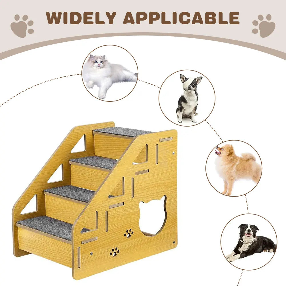 4-Step Wooden Pet Stairs Nonslip Carpeted Cat and Dog Steps Wooden Pet Ladder Pet Furniture for Dogs and Cats for Bed