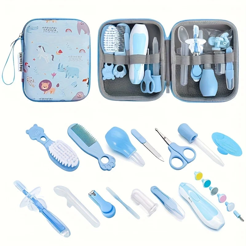 I YAN 14-piece healthcare kit with portable case including nail clippers, comb, brushes, ear spoon, and grooming accessories.