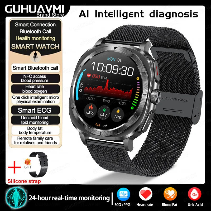 New Health Watch Uric Acid Blood Pressure Blood oxygen Body Analysis Body Fat SmartWatch ECG+PPG Bluetooth call Clock Women Men