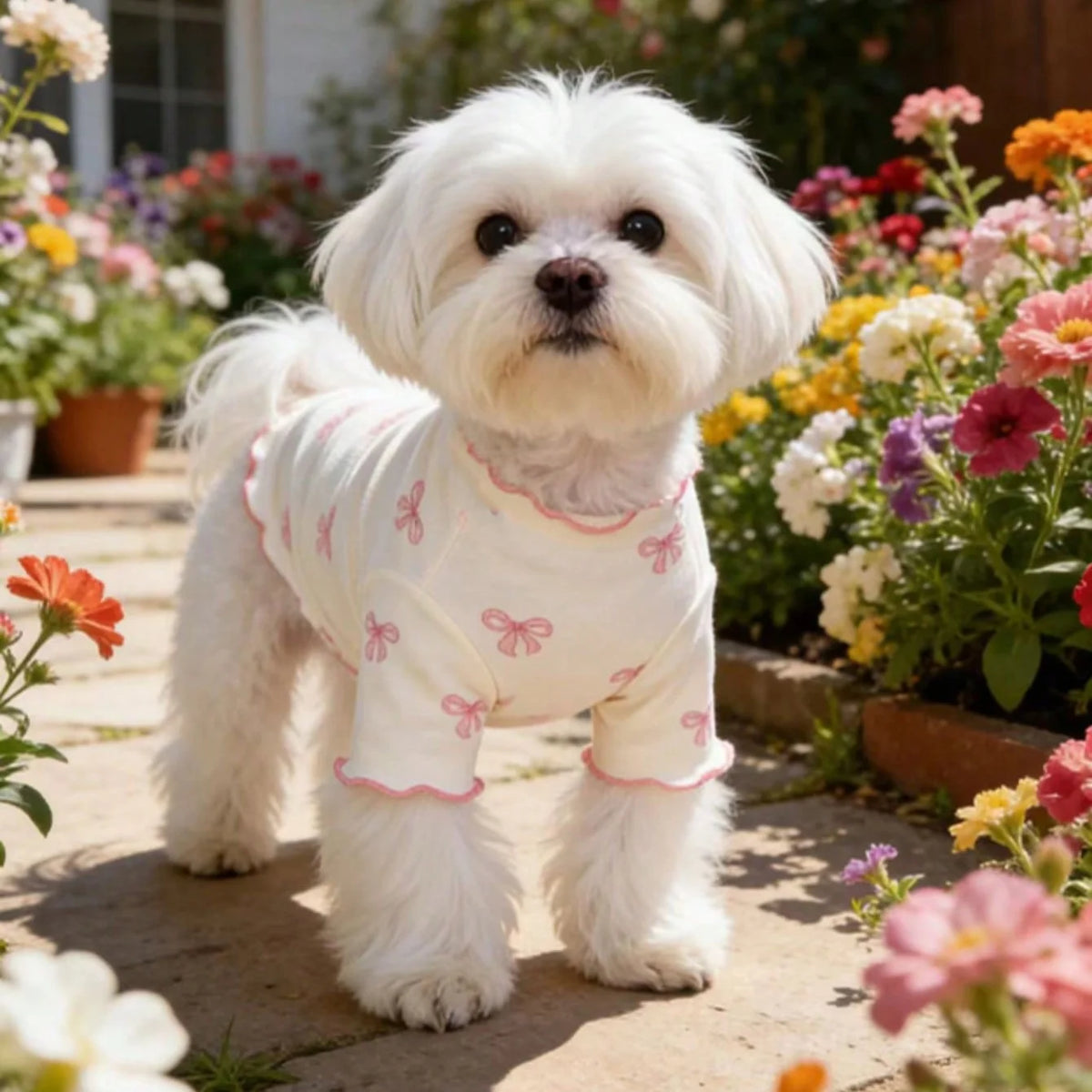 Breathable knit sweater for dogs or cats with allover print and pink bow tie by I YAN, comfortable pet clothing.